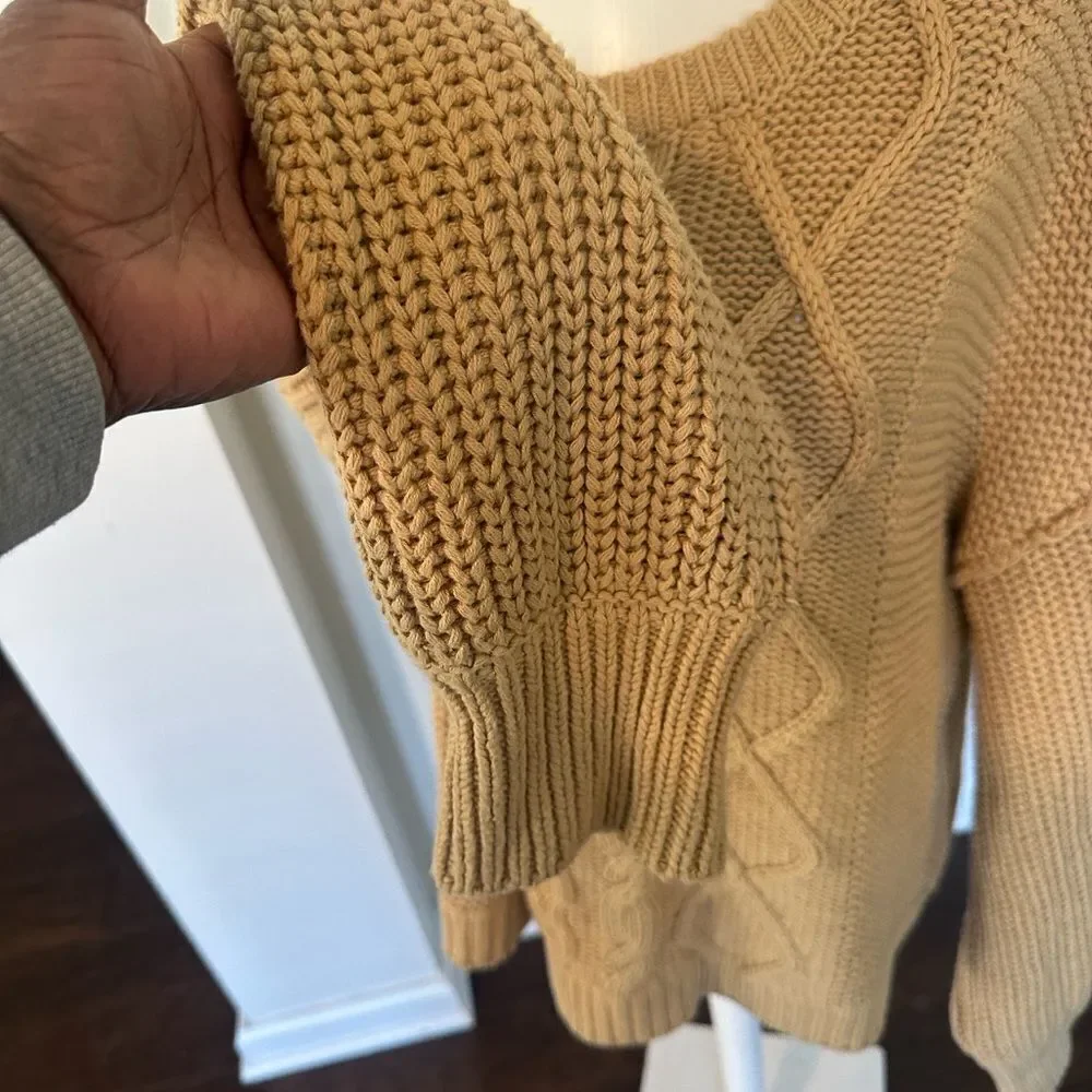 Free People Dream Cable Tan Crewneck Sweater L